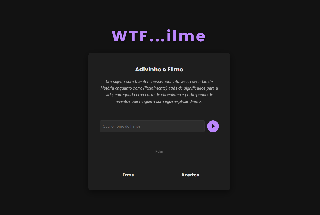 Tela do WTFilm com sinopse gerada por IA e campo de resposta.